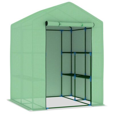 Begehbares Gewächshaus 143x143x195cm aus Polyethylen mit 8 Regalen und Pulverbeschichtung