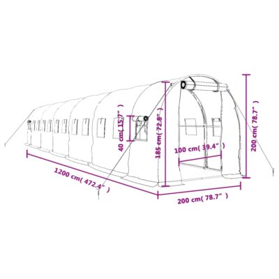 Polytunnel Gewächshaus 12x2x2m PE-Netzgewebe Grün/Weiß mit verzinktem Stahlrahmen und Netzfenstern