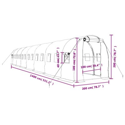 Polytunnel Gewächshaus 14x2x2m PE-Netzgewebe Grün/Weiß mit verzinktem Stahlrahmen und Netzfenstern