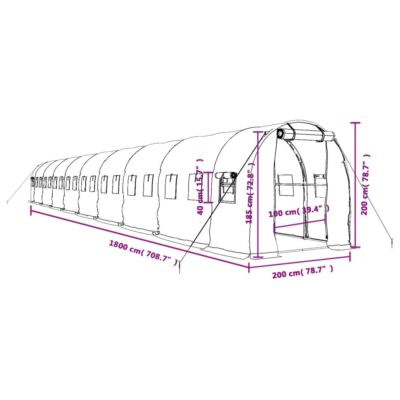 Polytunnel Gewächshaus 18x2x2m PE-Netzgewebe Grün/Weiß mit verzinktem Stahlrahmen und Netzfenstern