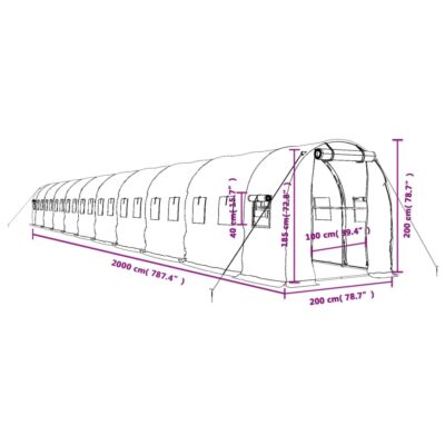 Polytunnel Gewächshaus 20x2x2m PE-Netzgewebe Grün/Weiß mit verzinktem Stahlrahmen und Netzfenstern
