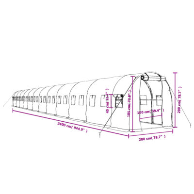 Polytunnel Gewächshaus 24x2x2m PE-Netzgewebe Grün/Weiß mit verzinktem Stahlrahmen und Netzfenstern